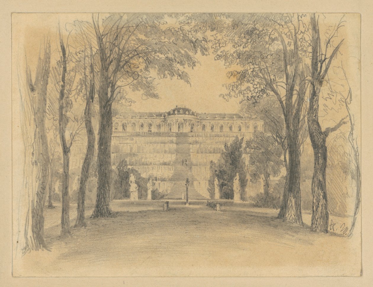 Pałac Sanssouci z tarasami i fontanną autorstwa Adolph Menzel