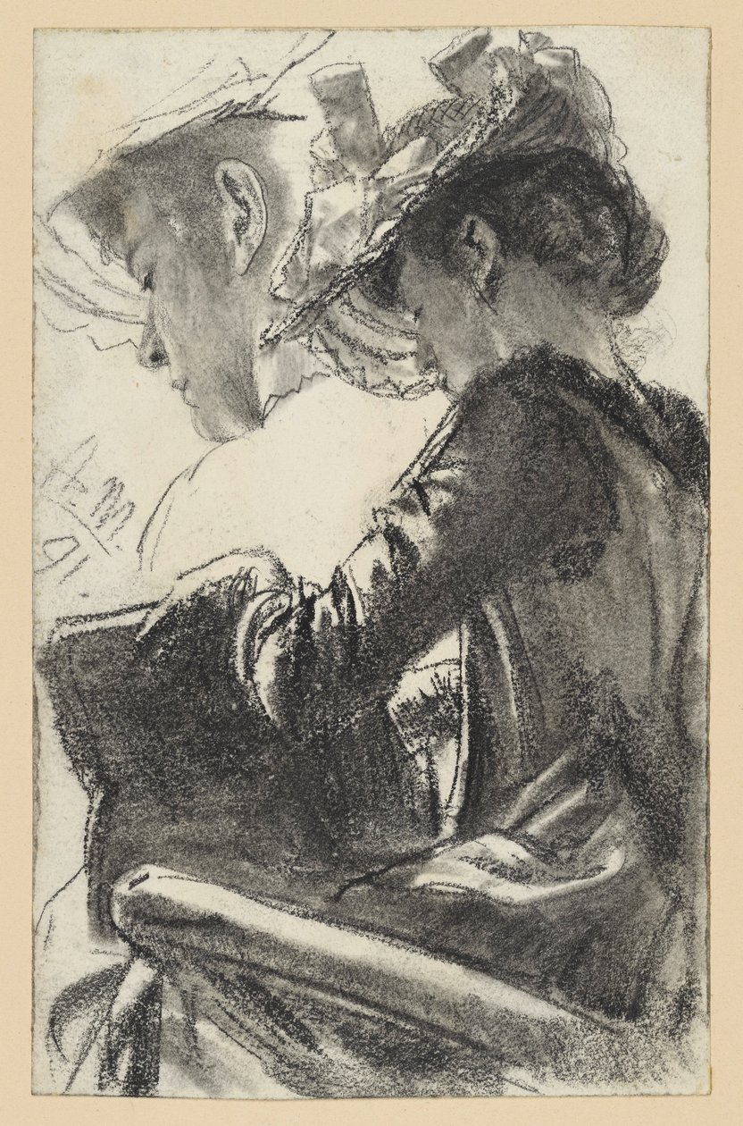 Siedząca kobieta w kapeluszu, książka w dłoniach, powtórzona głowa autorstwa Adolph Menzel