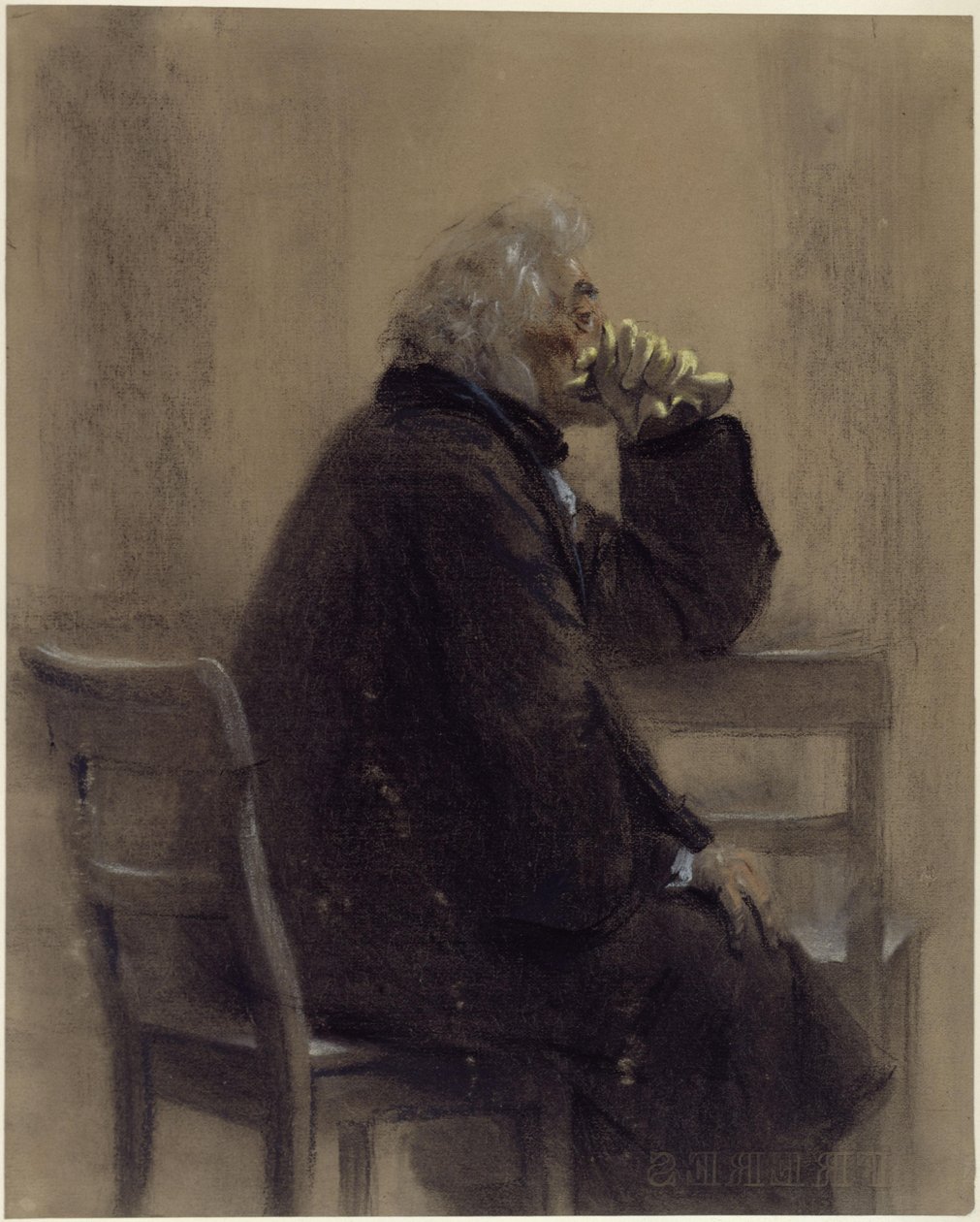 Siedzący starszy pan w płaszczu z rękawiczkami, z nakładką na kolana, profil w prawo autorstwa Adolph Menzel
