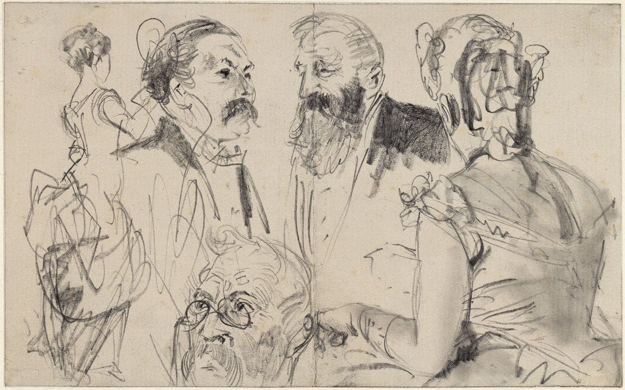 Arkusz szkiców z trzema głowami mężczyzn i dwiema kobiecymi postaciami od tyłu z wytwornego towarzystwa autorstwa Adolph Menzel