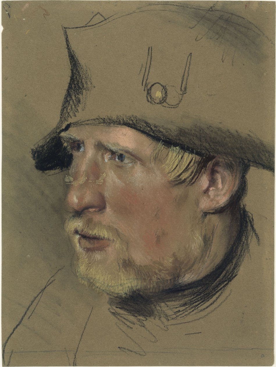 Żołnierz z blond wąsem i bródką w trójgraniastym kapeluszu, studium głowy autorstwa Adolph Menzel