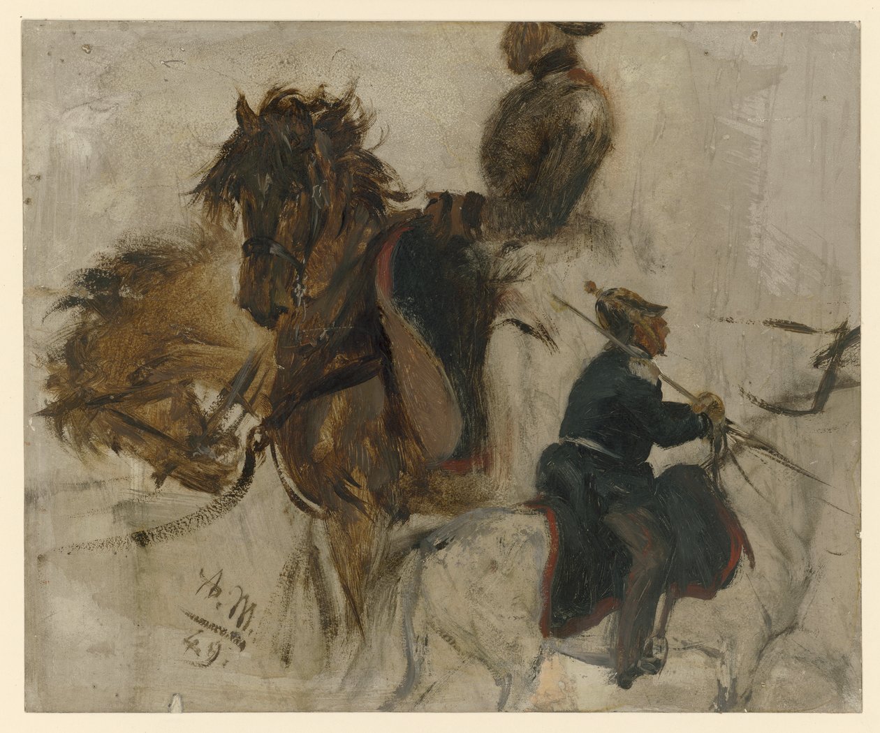 Studium z jadącym żołnierzem i końskimi głowami autorstwa Adolph Menzel