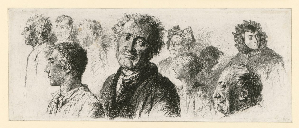 Arkusik z szpitala psychiatrycznego. Dziesięć twarzy, w większości zwróconych w lewo autorstwa Adolph Menzel