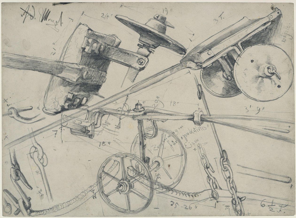 Wóz transportowy ze szczegółami i wymiarami. Studium do „Walcowni żelaza. Współcześni cyklopi” autorstwa Adolph Menzel