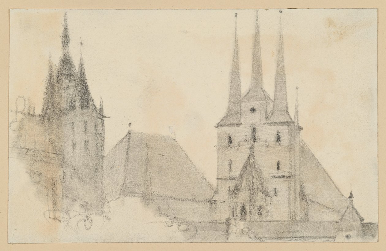 Wieże i dachy katedry oraz kościoła św. Seweryna w Erfurcie autorstwa Adolph Menzel