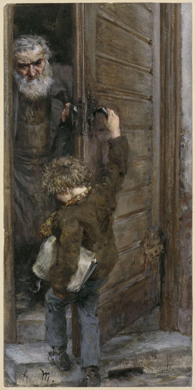 Ojciec i syn przy drzwiach. Z „Albumu dziecięcego” autorstwa Adolph Menzel