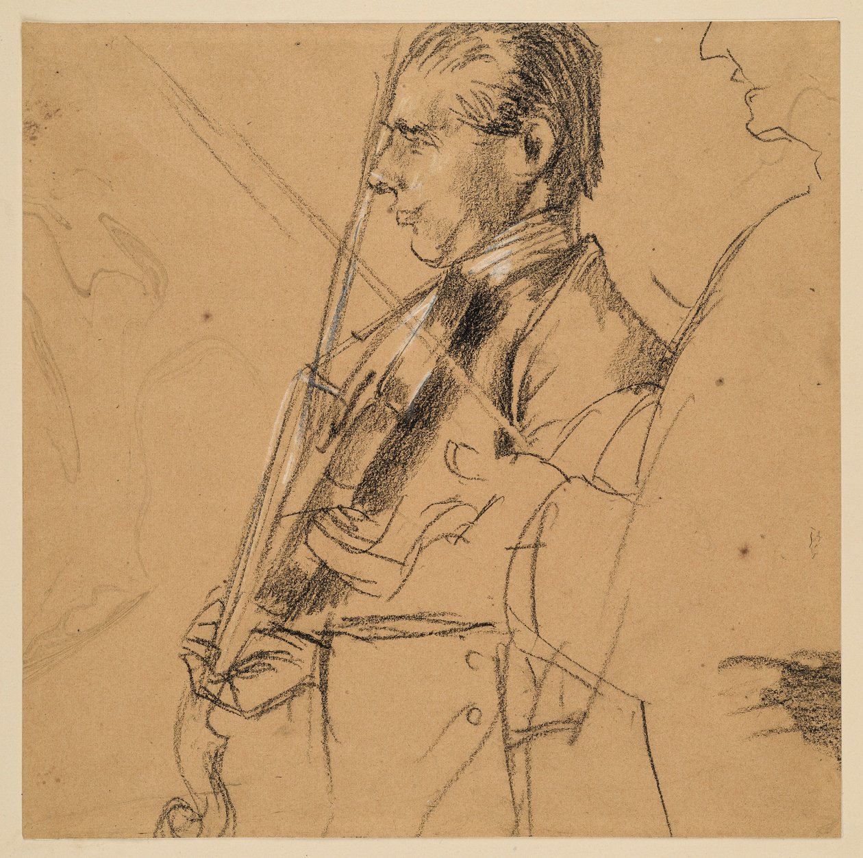Skrzypek. Półpostacie. Profil w lewo. Po prawej szkic profilu. Studium do obrazu „Koncert fletowy Fryderyka Wielkiego w Sanssouci” autorstwa Adolph Menzel