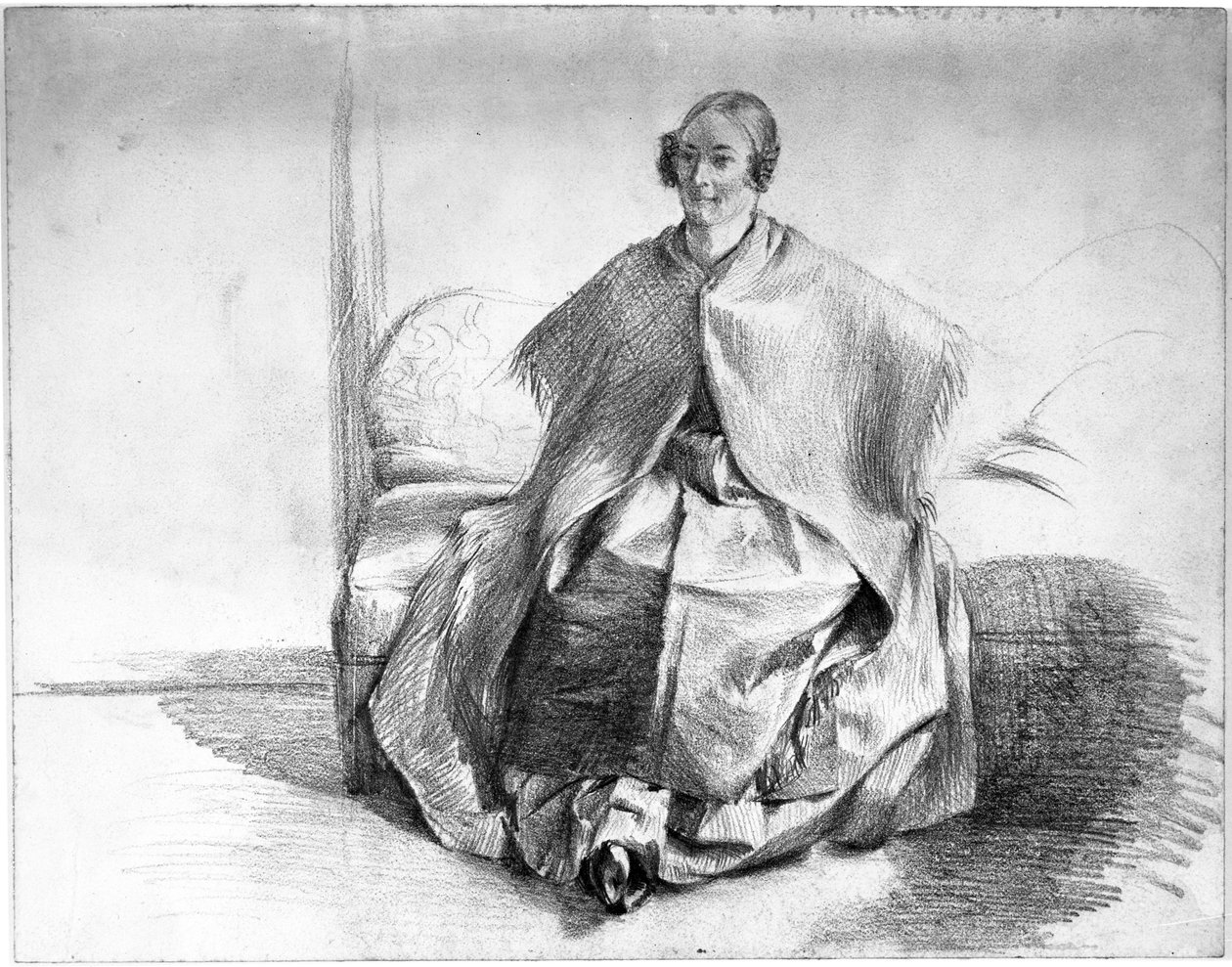 Kobieca postać w kostiumie z chustą owiniętą wokół szyi, siedząca na sofie autorstwa Adolph Menzel