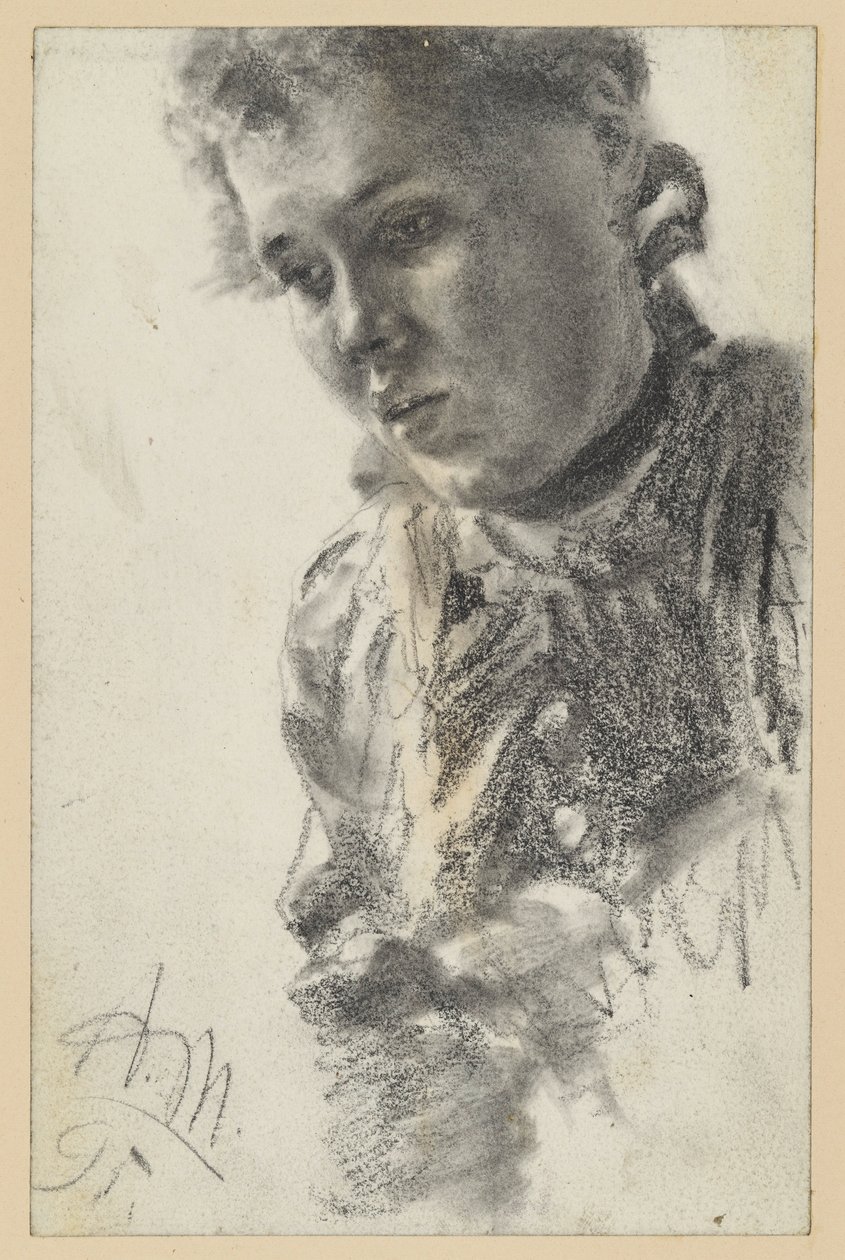 Kobiece popiersie zwrócone w lewo, z głową pochyloną do przodu autorstwa Adolph Menzel