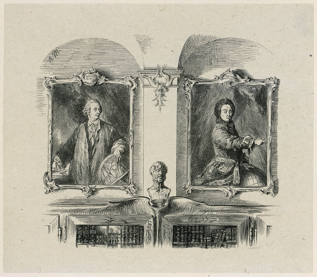 Dzieła Fryderyka Wielkiego. Leonhard Euler i Pierre-Louis de Maupertuis autorstwa Adolph Menzel