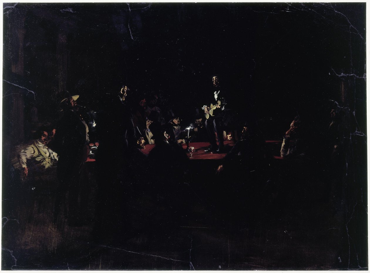 Biesiadnicy zgromadzeni przy dużym stole i śpiewak autorstwa Adolph Menzel