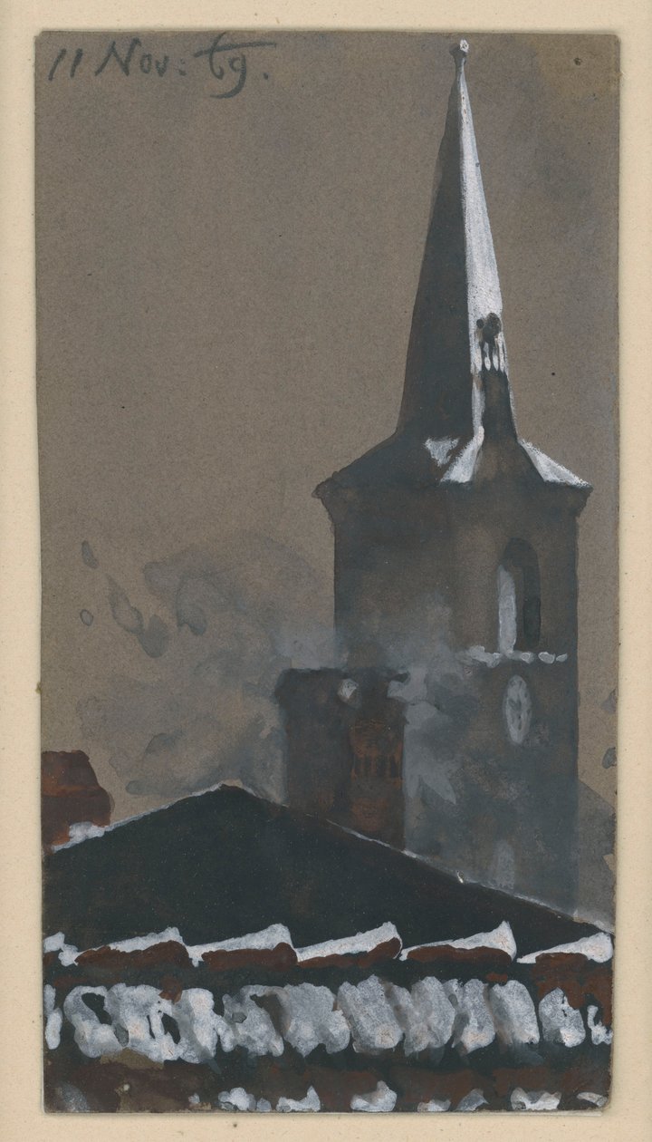 Ośnieżony dach z dachówek i wieża kościelna autorstwa Adolph Menzel
