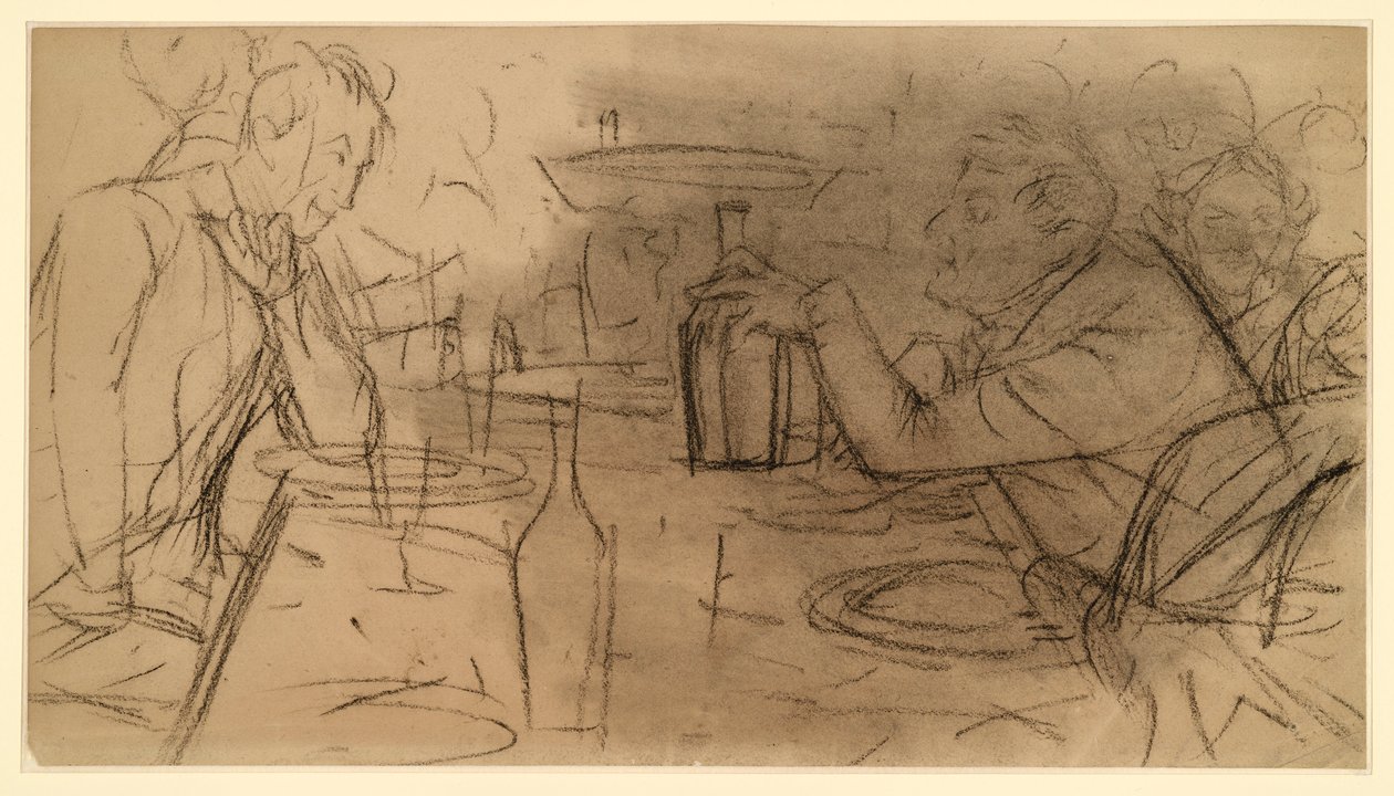 Dwóch panów siedzących naprzeciwko siebie przy stole w gospodzie i prowadzących rozmowę autorstwa Adolph Menzel