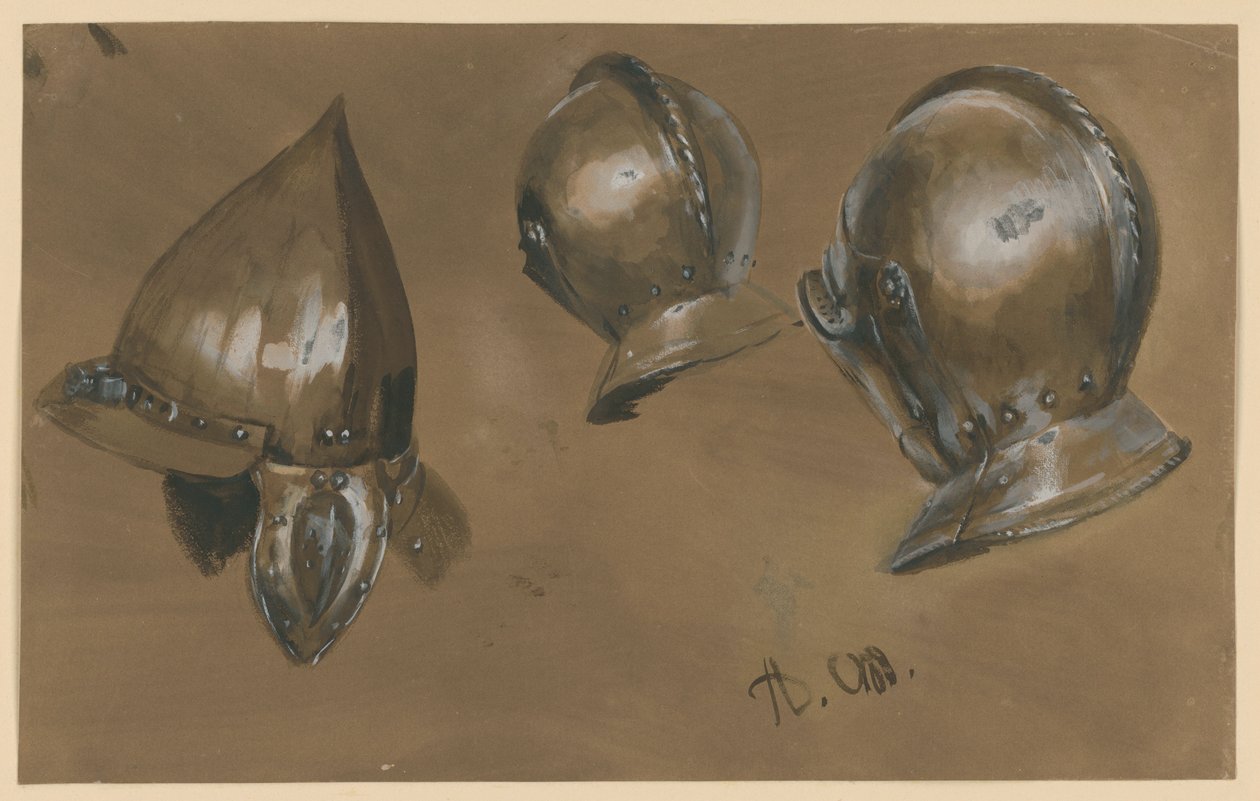 Dwa pancerze na głowę i hełm autorstwa Adolph Menzel