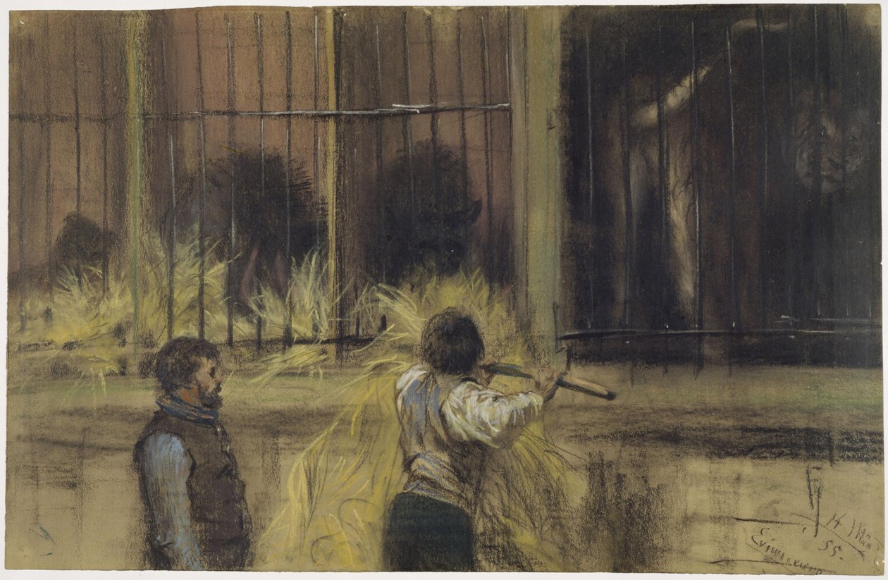 Dwóch opiekunów zwierząt przed pawilonem drapieżników autorstwa Adolph Menzel