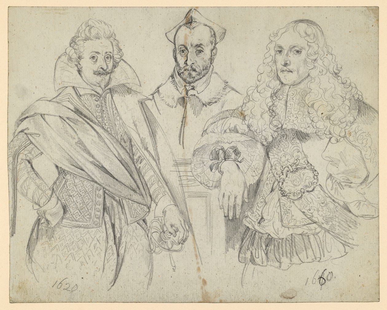 Dwóch dostojników z lat 1620 i 1660, pośrodku kardynał. Kopie historycznych przedstawień autorstwa Adolph Menzel