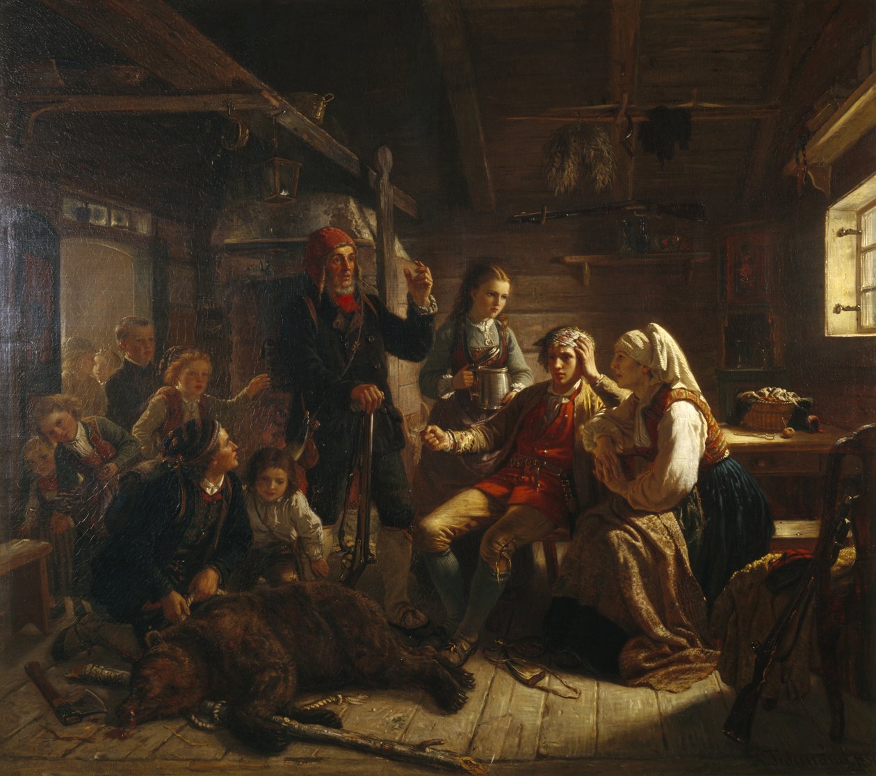Łowca rannych niedźwiedzi autorstwa Adolph Tidemand