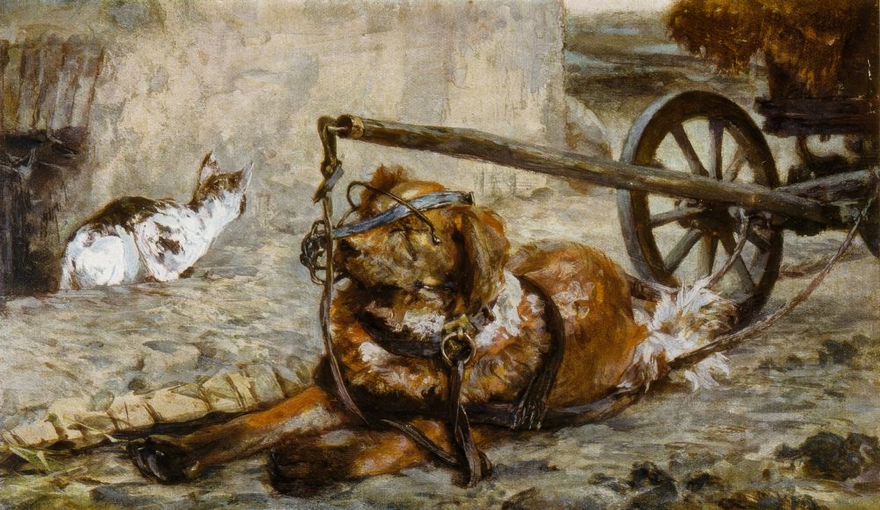 A. Menzel, pies ciągnący i kot autorstwa Adolph Menzel