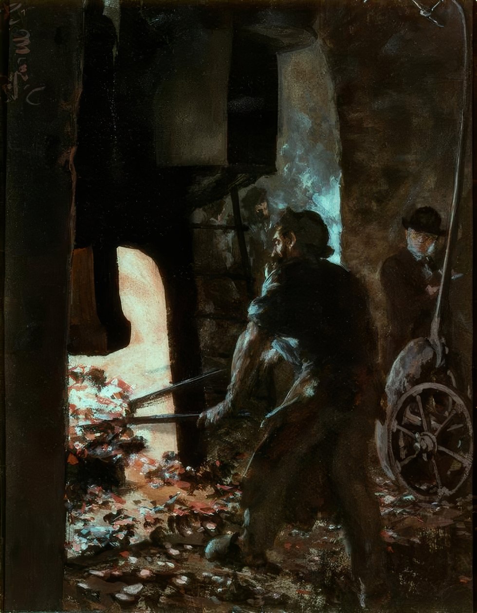 Autoportret z robotnikiem przy młocie parowym autorstwa Adolph Menzel
