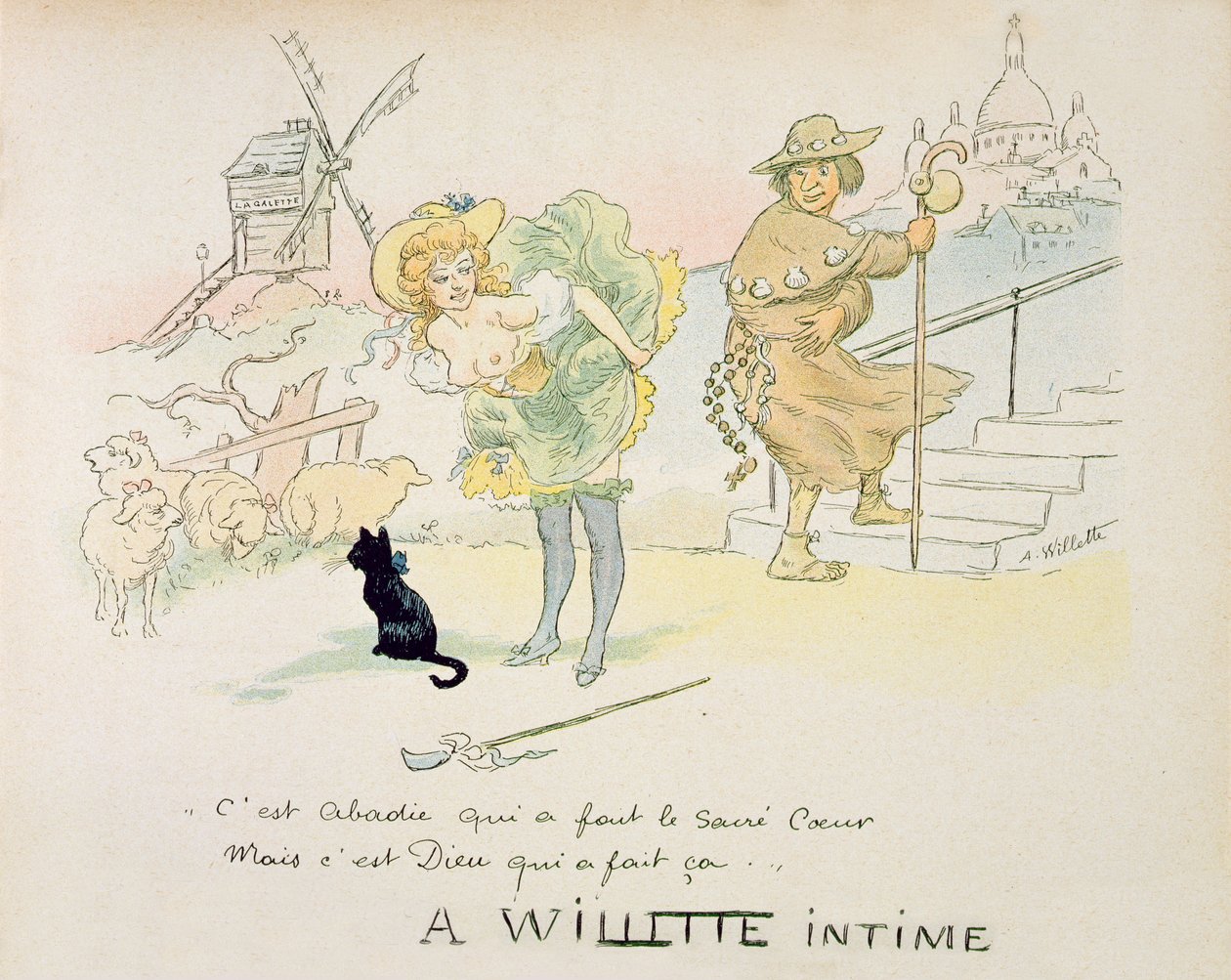 „To Abadie stworzył Sacre-Coeur, ale Bóg to uczynił!”, opublikowany w Paryżu ok. 1895-96 autorstwa Adolphe Leon Willette