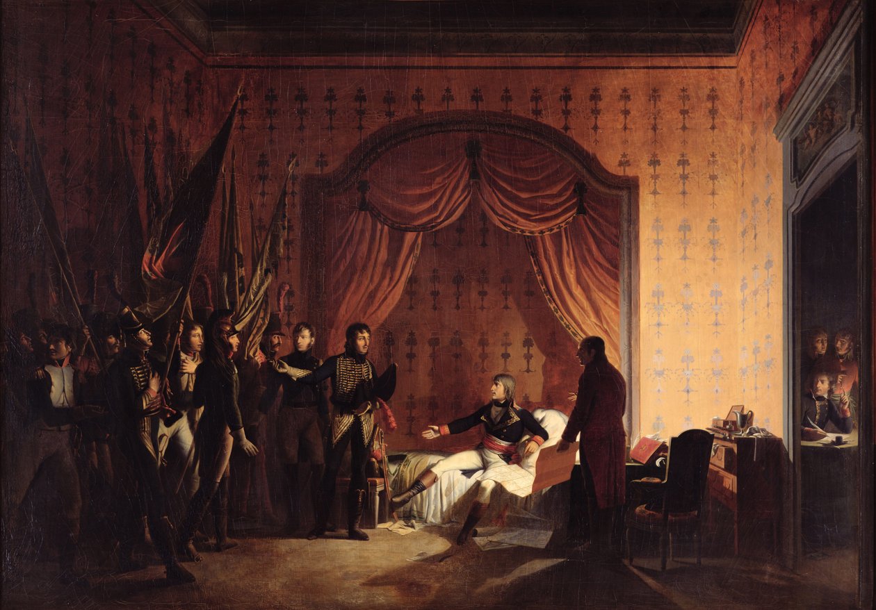 Generał Bonaparte odbiera przechwycone flagi austro-sardyńskie w Millesimo po bitwie pod Montenotte 13 kwietnia 1796 r. autorstwa Adolphe Roehn