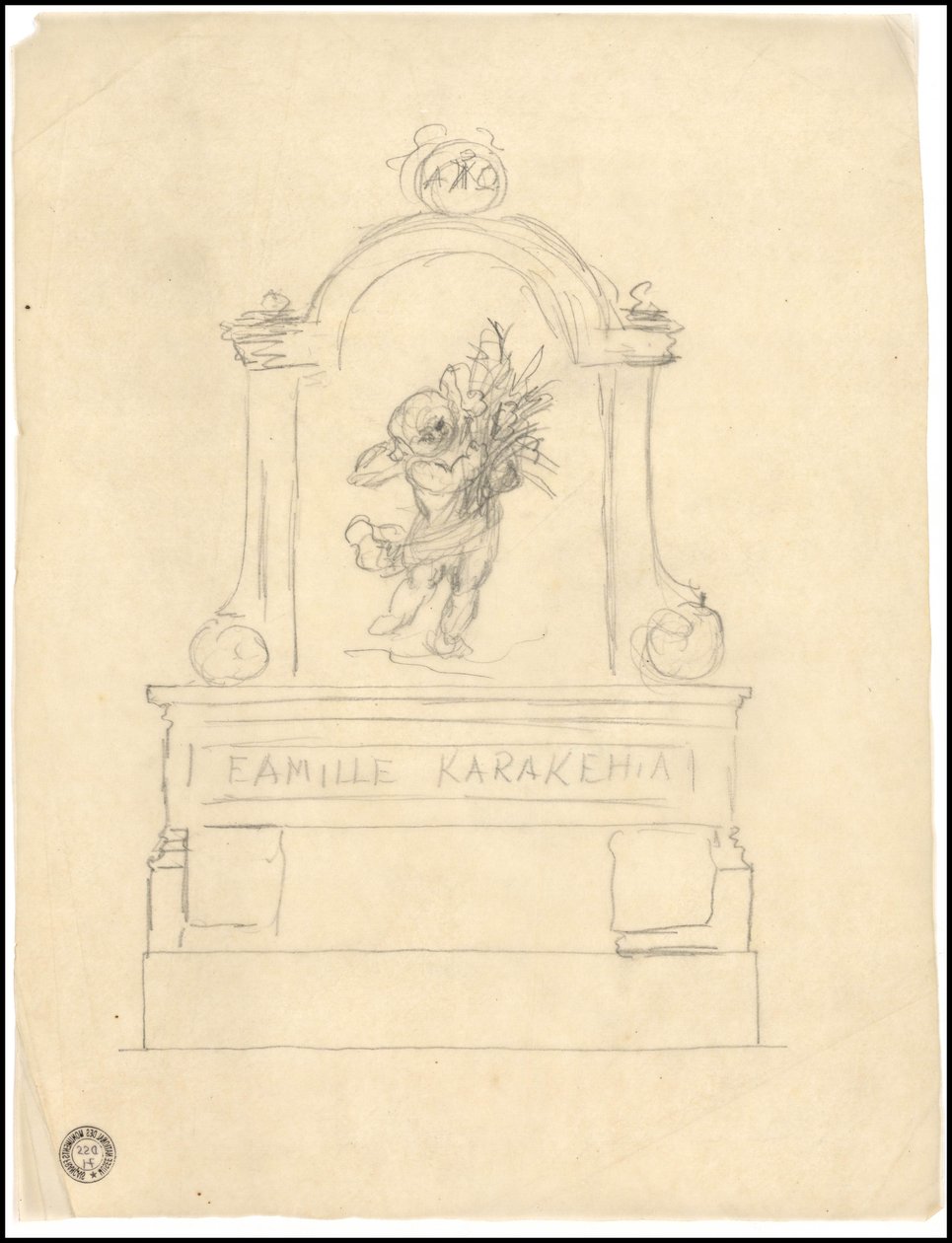 Szkic grobowca rodziny Karakehia na cmentarzu Père Lachaise w Paryżu autorstwa Adolphe Victor Geoffroy Dechaume