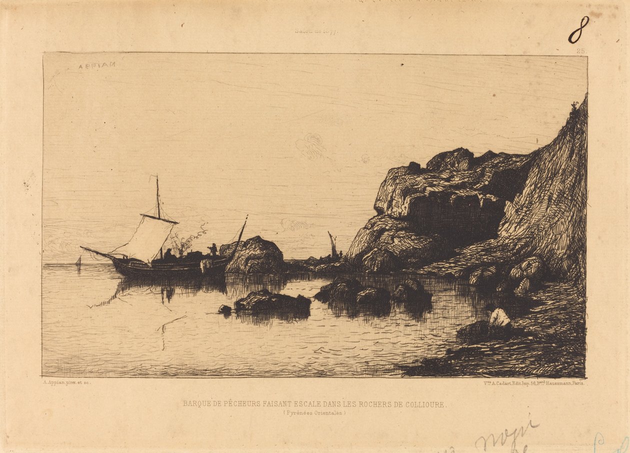 Kuter rybacki zatrzymujący się w skałach Collioure autorstwa Adolphe Appian