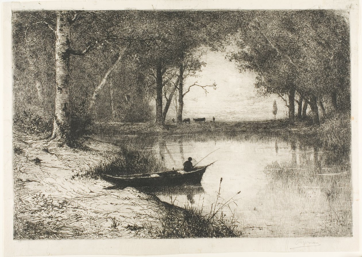 Rybak w łódce nad rzeką autorstwa Adolphe Appian