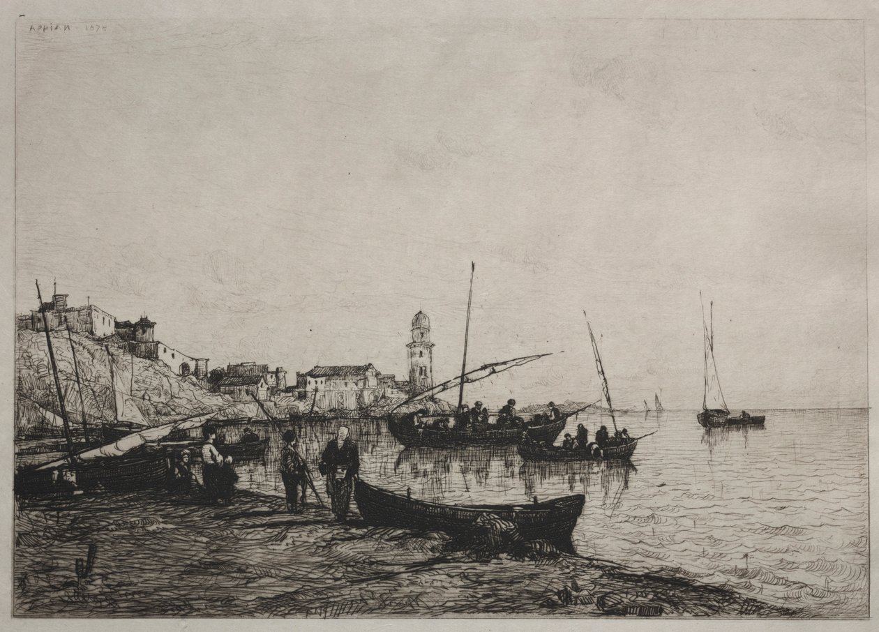 Zwrot łodzi rybackich w Collioure, w pobliżu granicy z Hiszpanią, 1878 r. autorstwa Adolphe Appian