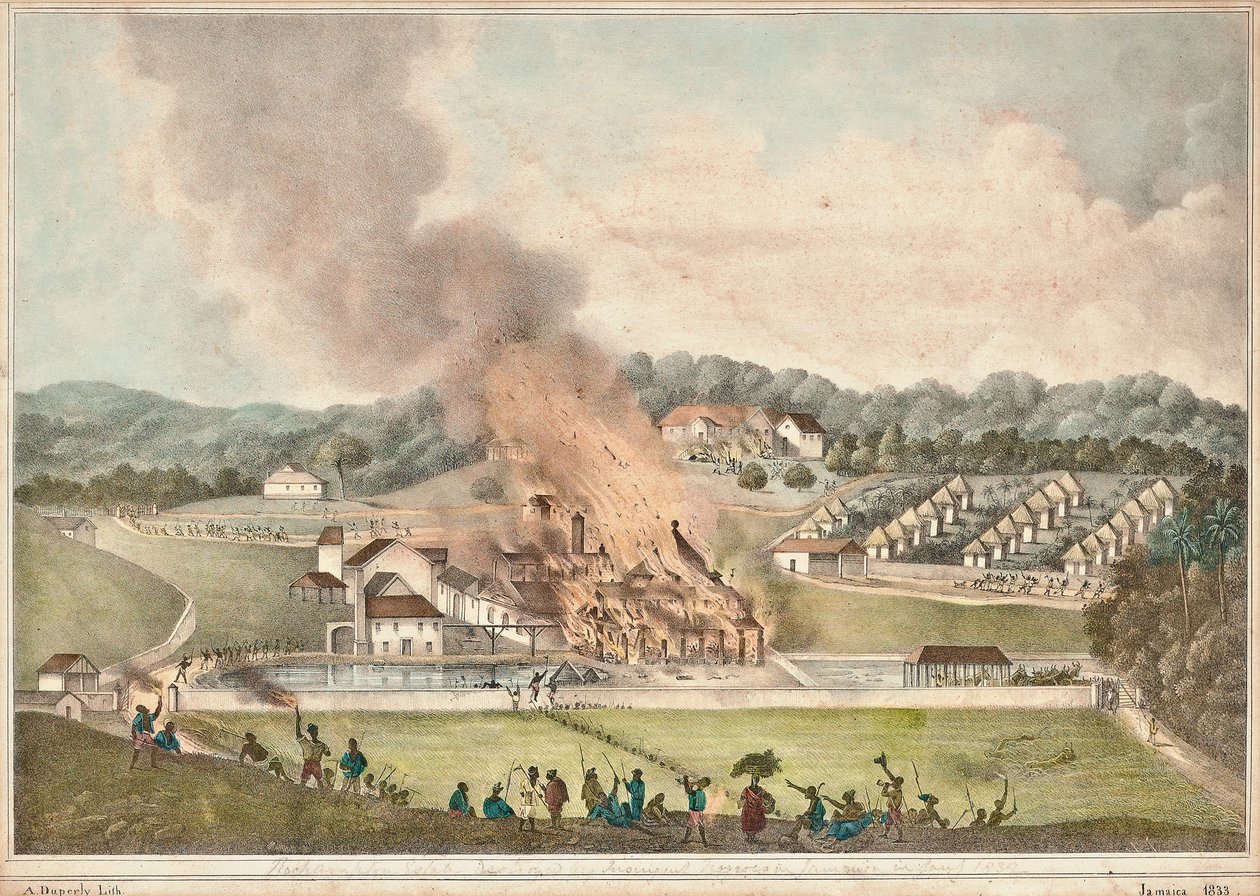 Zniszczenie posiadłości Roehampton w parafii św. Jakuba w styczniu 1832, 1833 autorstwa Adolphe Duperly