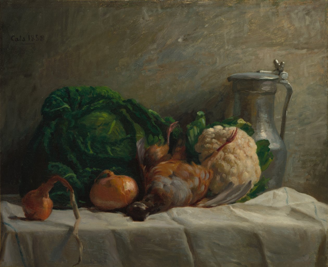 Martwa natura z warzywami, kuropatwą i dzbanem, 1858. autorstwa Adolphe Felix Cals