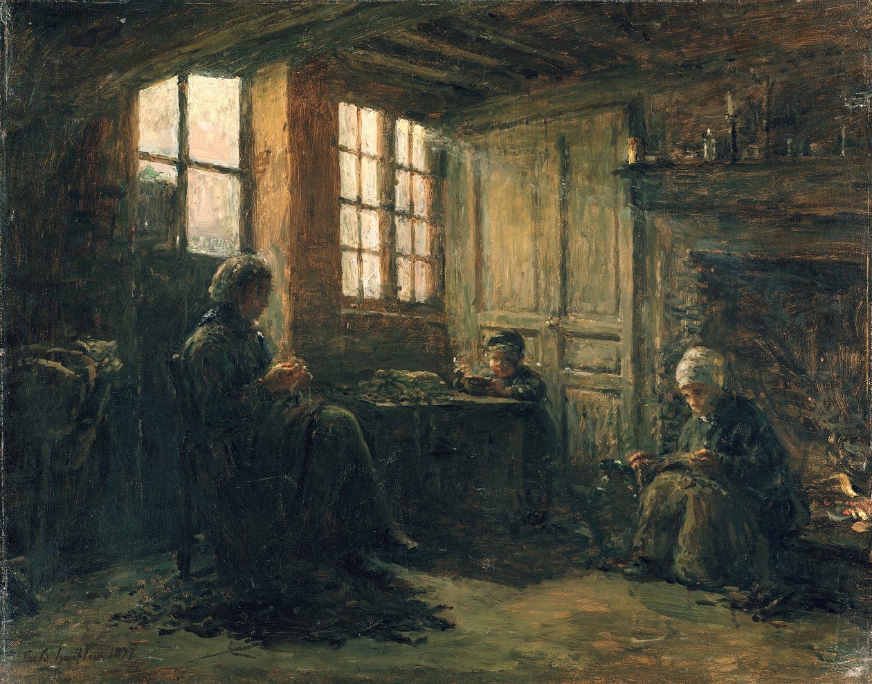 Kobiety strzępiące płótno, Honfleur, 1877 autorstwa Adolphe Felix Cals