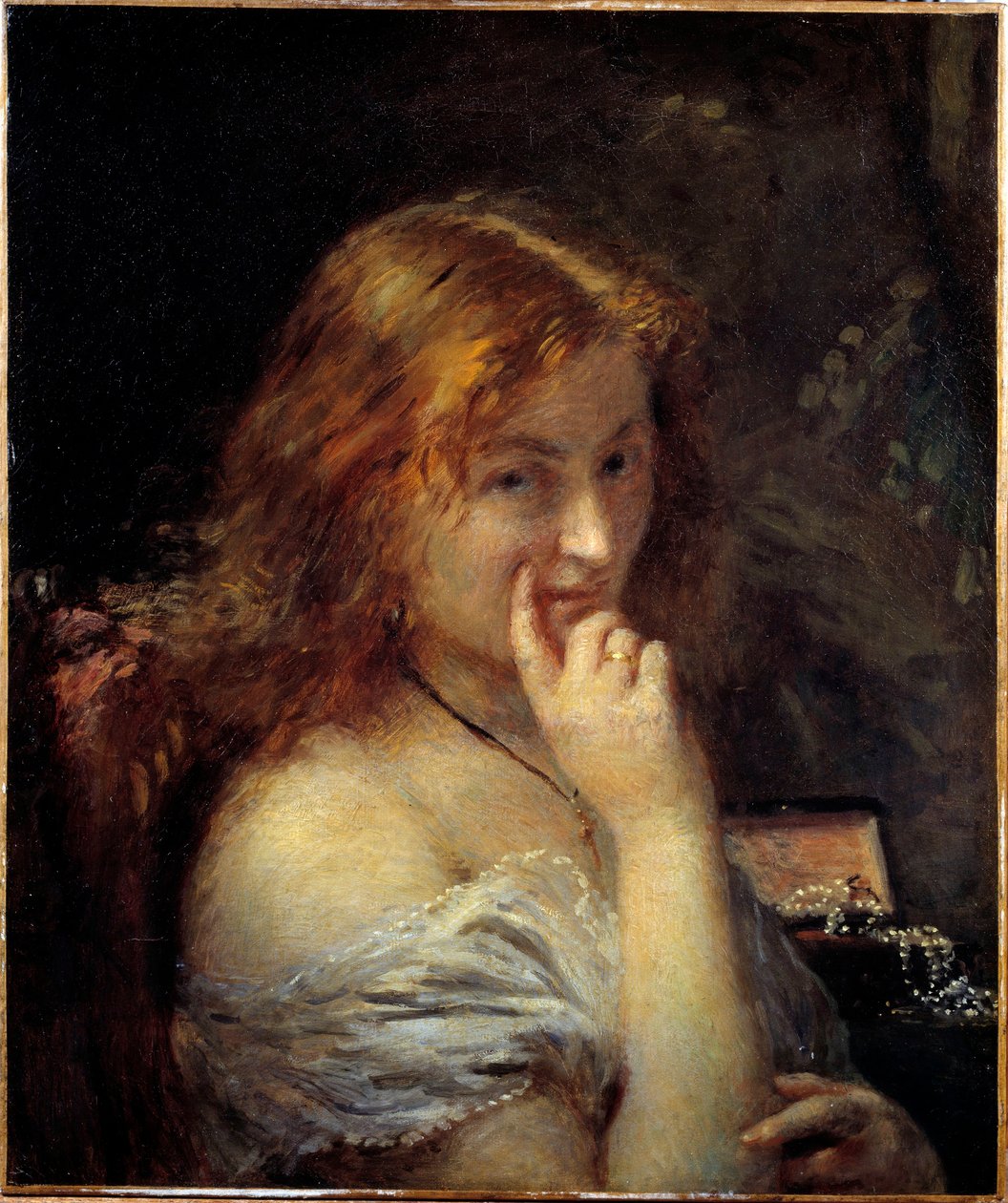 Młoda kobieta ma obraz toaletowy autorstwa Adolphe Calsa (1810-1880) 1876 nd. 0,55x0,45 m Paryż, musee d