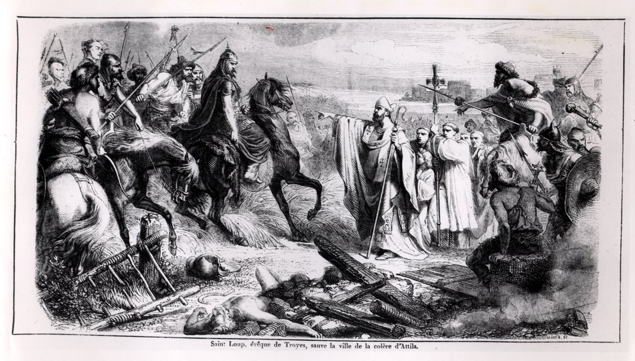 Św. Loup broniący miasta Troyes przed Attylą Hun (ok. 406-453) na swoim koniu, ilustracja z historii Francji, 2. poł. XIX w. (fot. bw) autorstwa Adolphe Francois Pannemaker