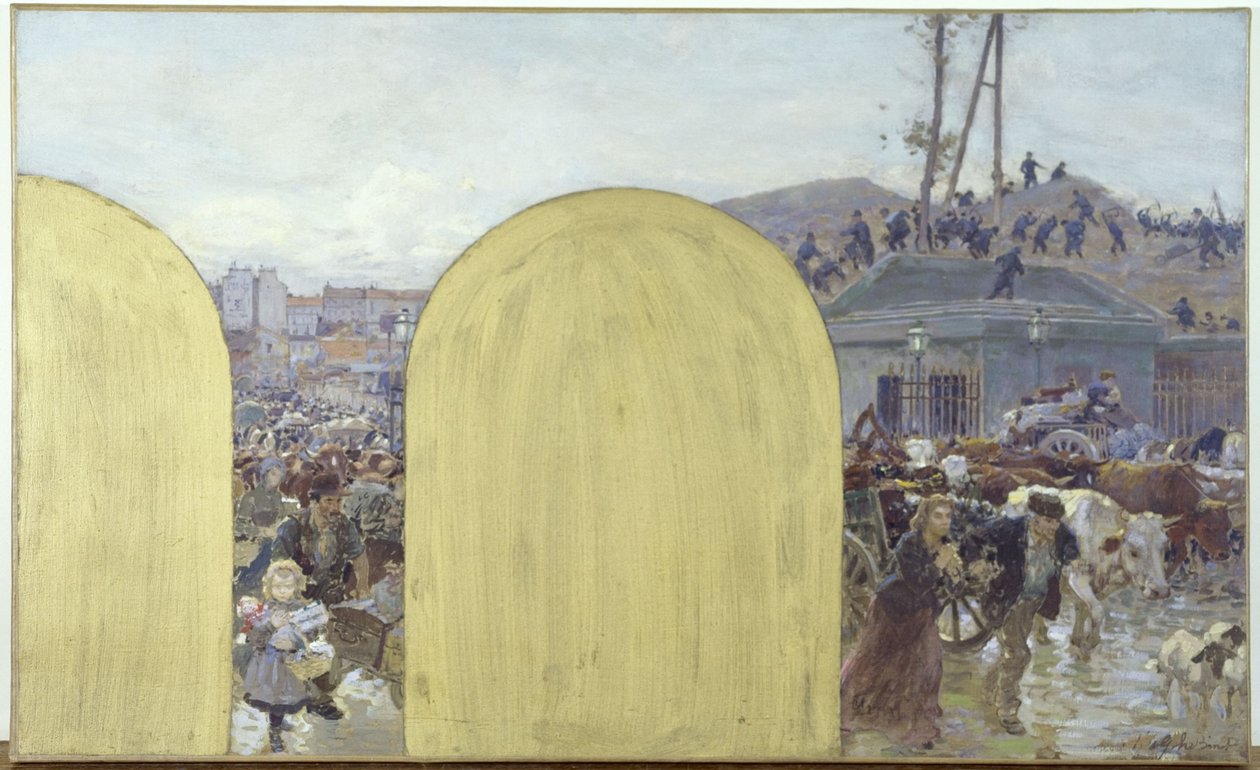 Szkic do gabinetu prefekta Hôtel de Ville de Paris: Powrót mieszkańców przedmieść do Paryża: Oblężenie Paryża w 1870 r., w 1895 r. (olej na płótnie) autorstwa Adolphe Gustave Binet