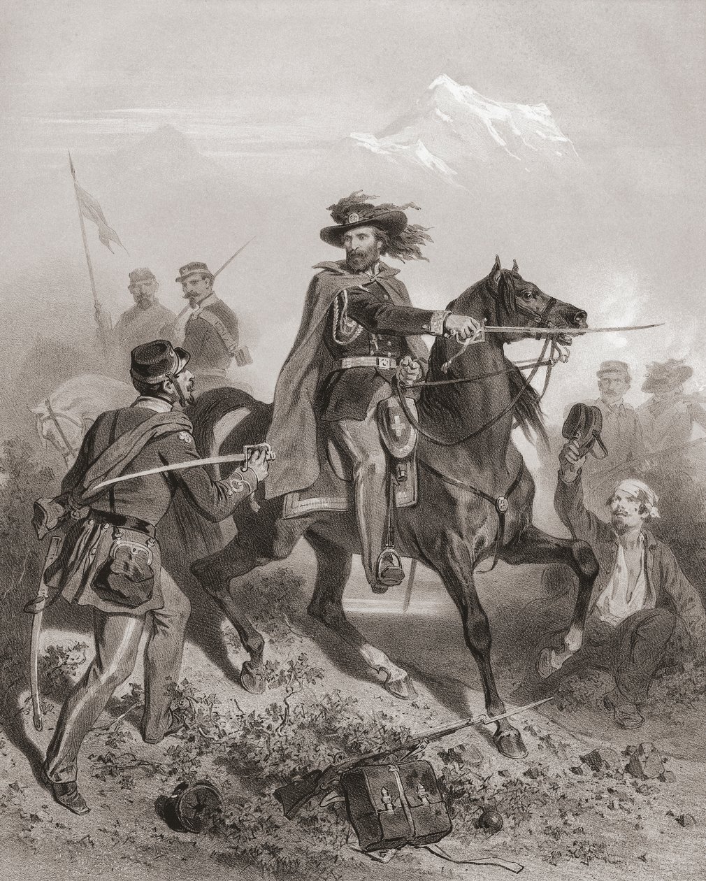 Giuseppe Garibaldi w bitwie pod Varese. (wydrukować) autorstwa Adolphe Jean Baptiste (after) Bayot