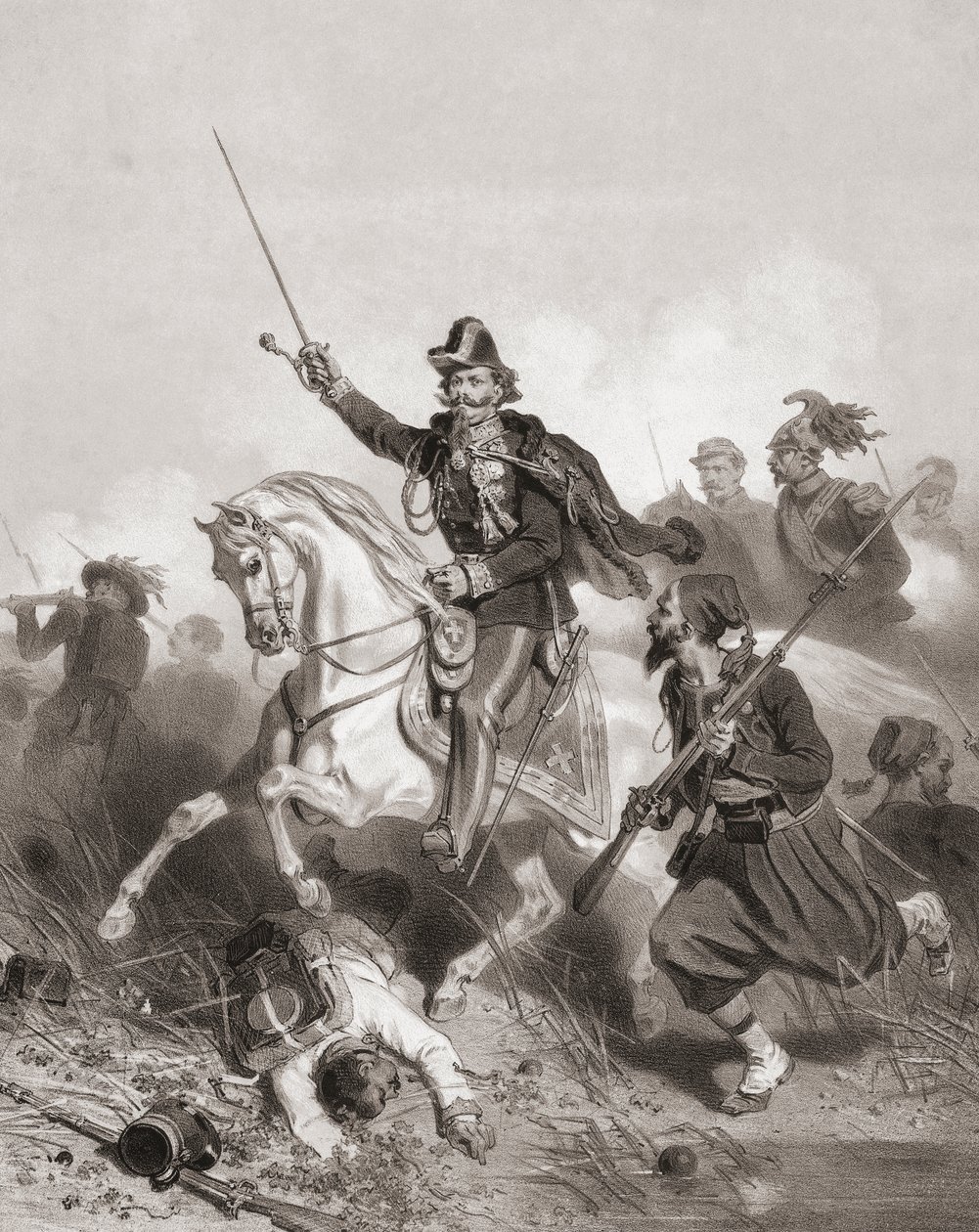 Król Wiktor Emanuel II w bitwie pod Palestro (druk) autorstwa Adolphe Jean Baptiste (after) Bayot