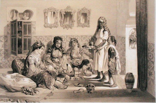 Kobiety z Algieru, z tomu upamiętniającego francuskie siły ekspedycyjne, które zdobyły Algier w 1830 r. (lito) autorstwa Adolphe Jean Baptiste Bayot