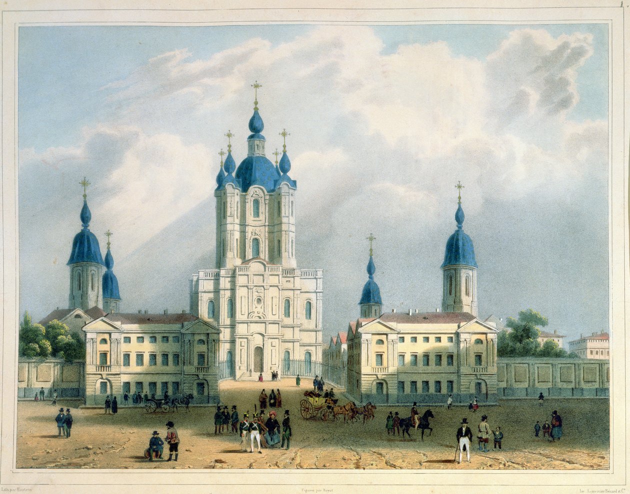 Klasztor Smolny w Petersburgu, druk Edouard Jean-Marie Hostein (1804-89), wyd. Lemercier, Paryż, lata 40. XIX w. (litografia kolorowa) autorstwa Adolphe Jean Baptiste Bayot