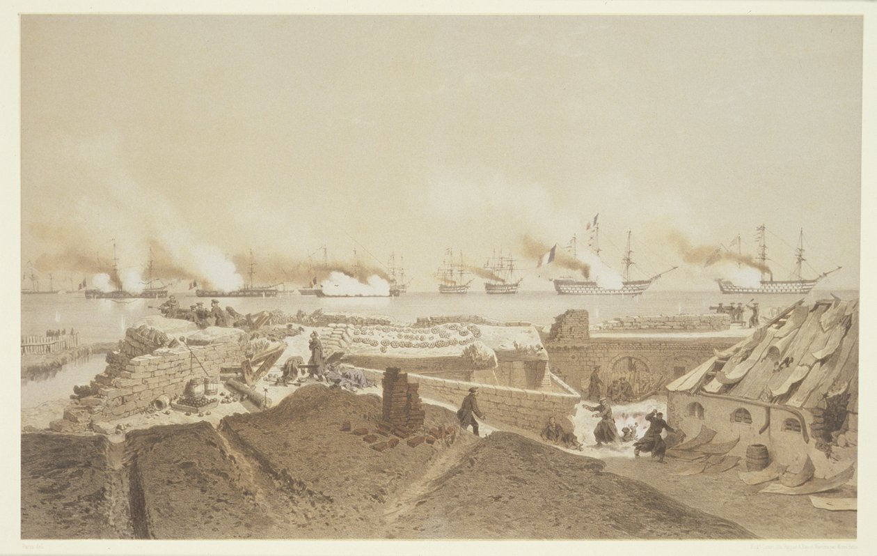 Bombardowanie Kil-Bouroun u ujścia Dniepru przez flotę francuską, z wisiorka Nos Souvenirs de Kil-Bouroun LHiver passe dans Le Liman du Dnieper, 1855-56, ryty przez Eugeniusza Ciceri (1 autorstwa Adolphe Jean Baptiste Bayot and Antoine Leon Morel Fatio