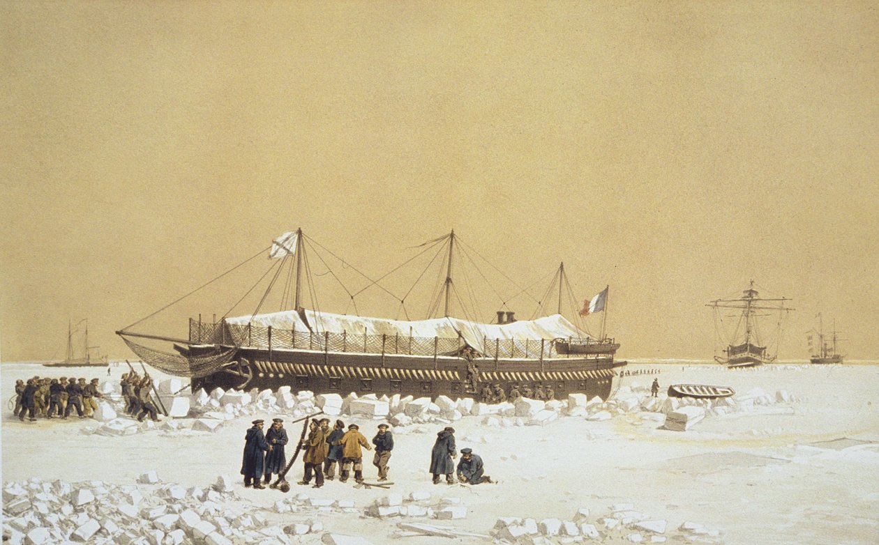 Pływająca bateria La Tonnante w lodzie przed Kil-Bouroun, z Nos Souvenirs de Kil-Bouroun podczas LHiver passe dans Le Liman du Dnieper, 1855-56, rytowana przez Eugene Ciceri (1813-90) opublikowana ok. 18 autorstwa Adolphe Jean Baptiste Bayot and Antoine Leon Morel Fatio