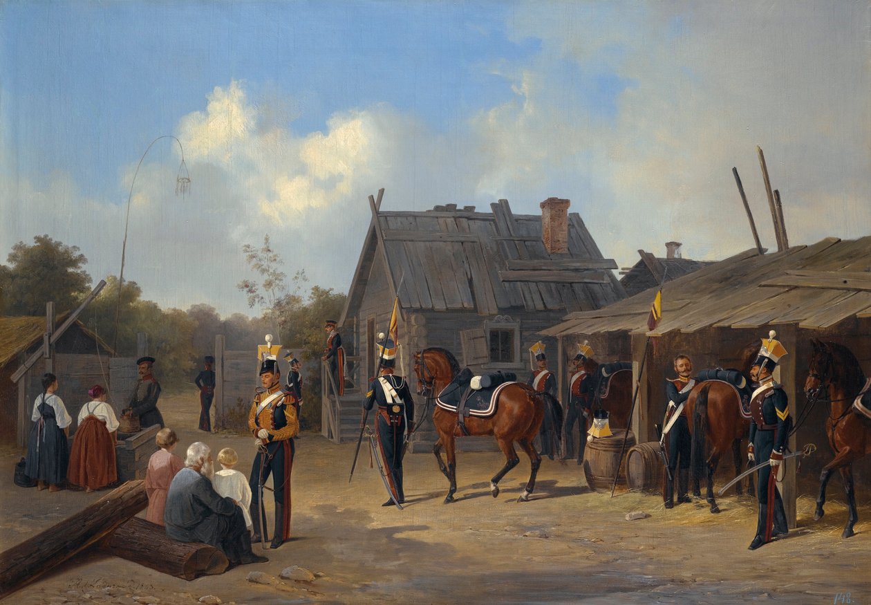 „Biwak żołnierzy w wiosce” (Żołnierze biwakujący w wiosce) Obraz Adolphe Ladurnera (1798-1856) autorstwa Adolphe Ladurner