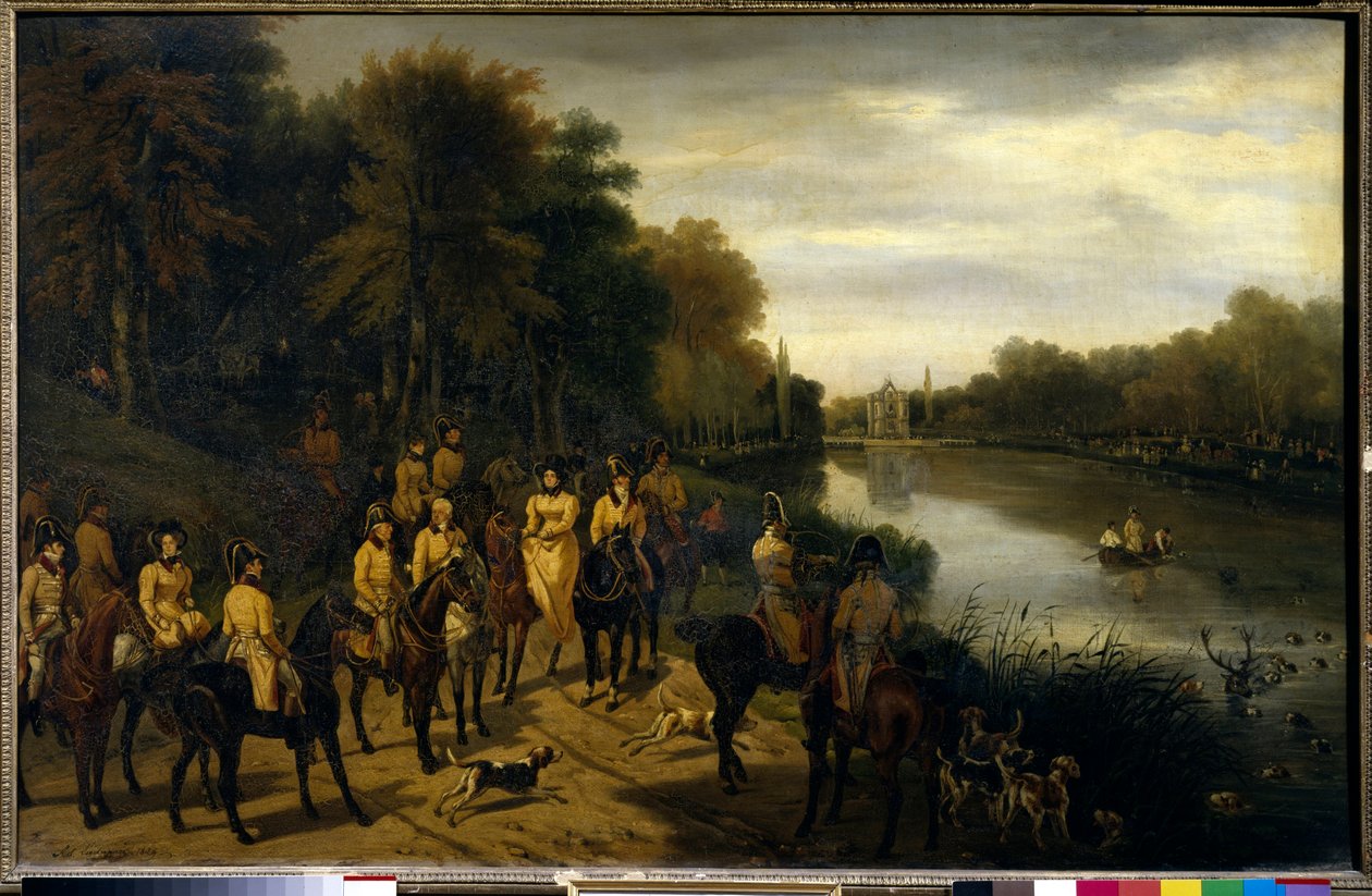 Polowanie: „Polowanie nad stawami Comelles”” Obraz Adolphe Ladurner (1798-1856) 1829 nd. 0,82x1,3 m Chantilly, Muzeum Hrabiego autorstwa Adolphe Ladurner