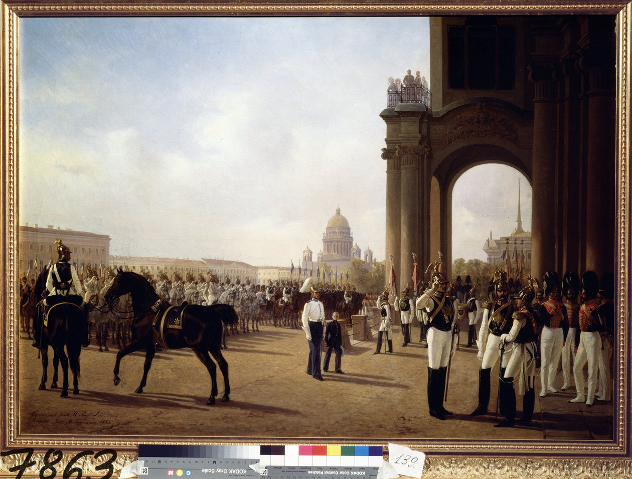 Parada wojskowa na Placu Pałacowym w Petersburgu (Parada na Placu Pałacowym w Petersburgu). Obraz Adolphe Ladurner (1798-1856), olej na płótnie autorstwa Adolphe Ladurner