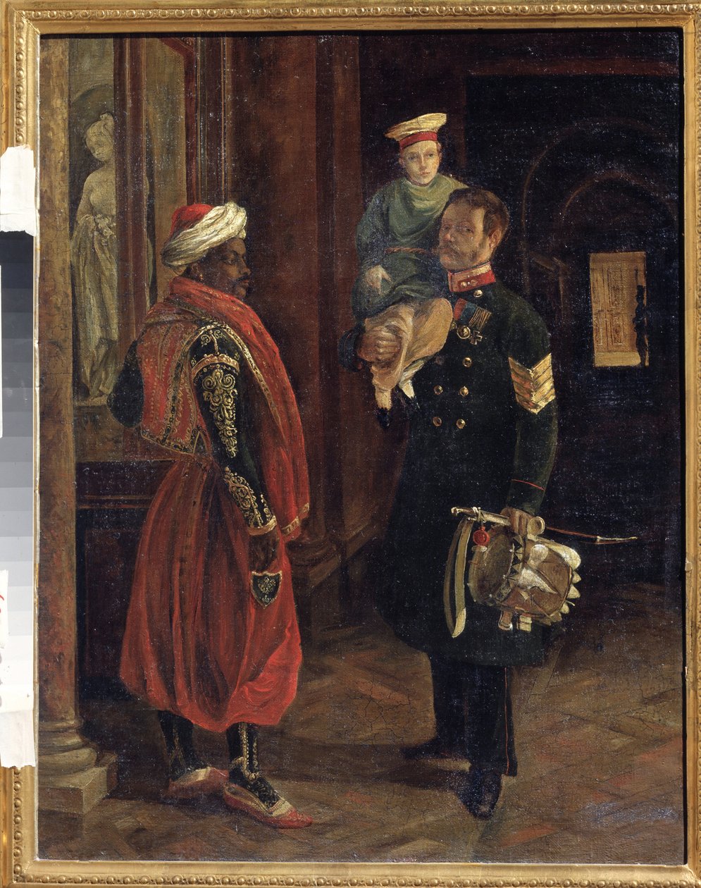 Scena na dworze. Obraz Adolphe Ladurnera (1798-1856), olej na płótnie, ok. 1840. XIX-wieczna sztuka francuska. Państwowe Muzeum Wojny i Historii Borodino, Moskwa. autorstwa Adolphe Ladurner