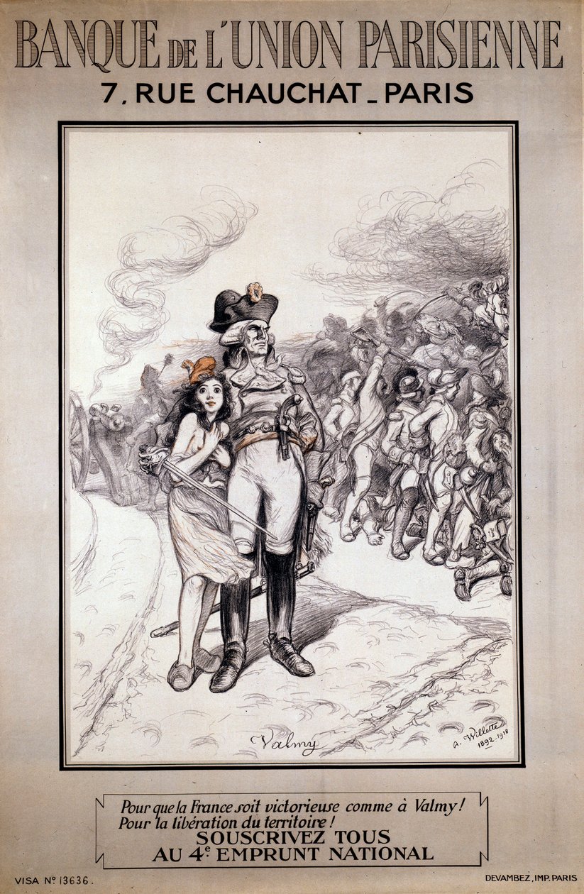 Bank Związku Paryskiego: „” Aby Francja zwyciężyła jak w Valmy! O wyzwolenie Terytorium! Zapisz wszystkich do czwartej pożyczki krajowej”. Ilustracja Adolphe Willette (1857-1926) autorstwa Adolphe Leon Willette