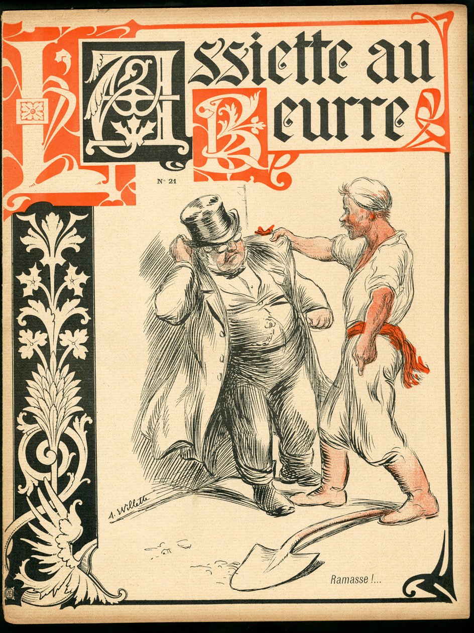 Okładka „”L’Plate au beurre””, nr 21, Satyryczna w kolorach autorstwa Adolphe Leon Willette