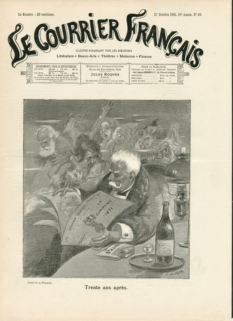 Okładka „”Le Courrier francais””, numer 43, Satyryczny w B&W autorstwa Adolphe Leon Willette