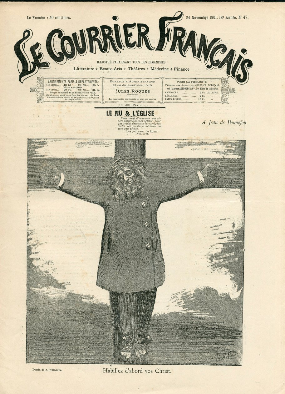 Okładka „”The Courier francais””, numer 47, Satyryczny w B&W autorstwa Adolphe Leon Willette