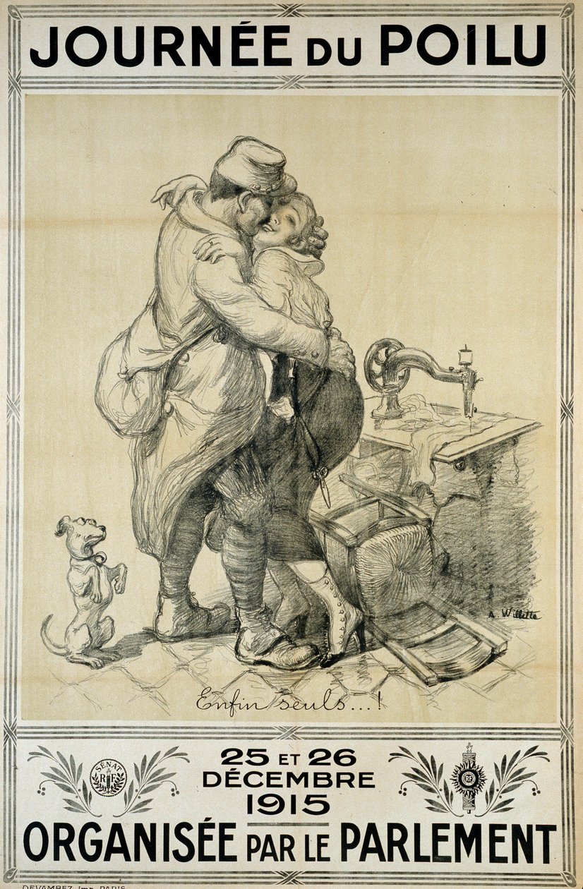 Pierwsza wojna światowa: plakat w hołdzie żołnierzom reprezentujący spotkanie pary na Dzień Włochatych 25 i 26 grudnia autorstwa Adolphe Leon Willette